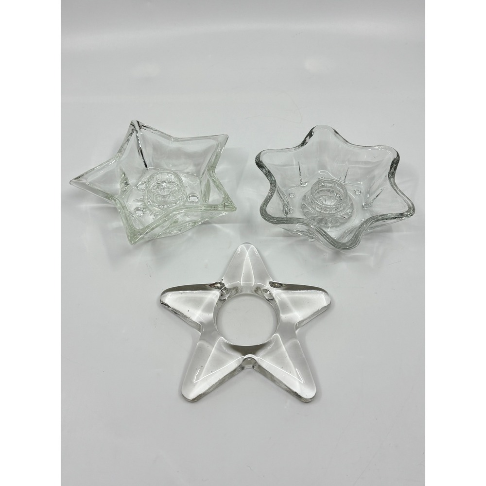 Vintage Clear Glass Star Candle Holder Set of 3 Taper Tealight Celestial Whimsy